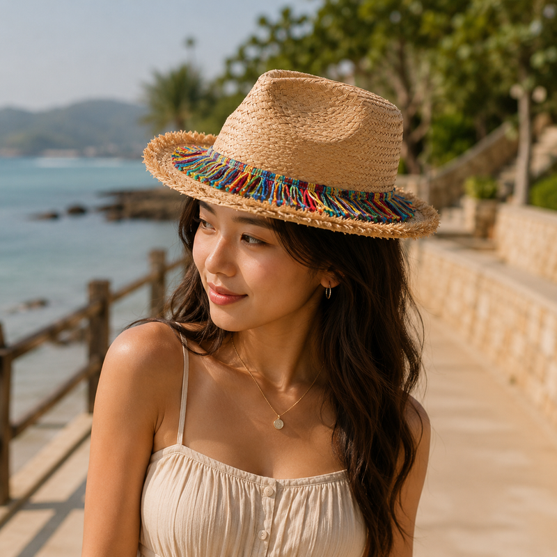 Sterling Color Fringed™ Surafi Straw Hat Flat Top Woven Brim
