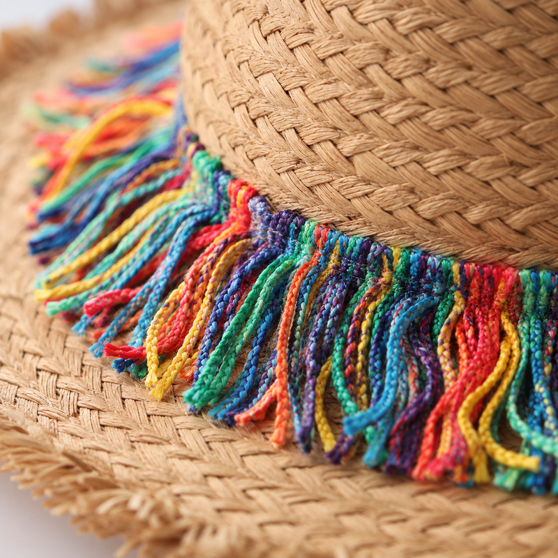 Sterling Color Fringed™ Surafi Straw Hat Flat Top Woven Brim