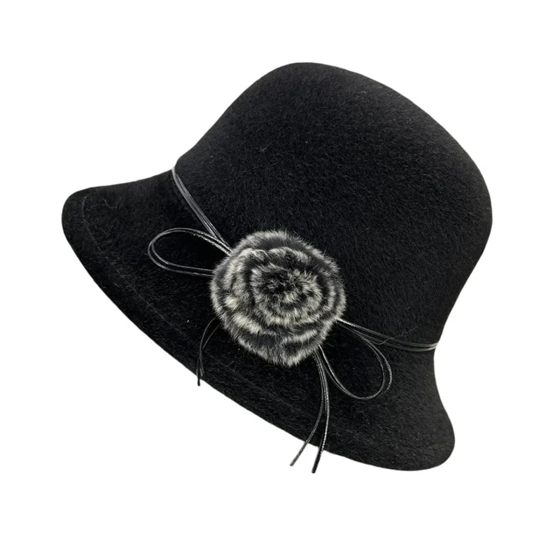 Sterling™ Deneuve Bowler Hat Vegan Wool Floral Detail