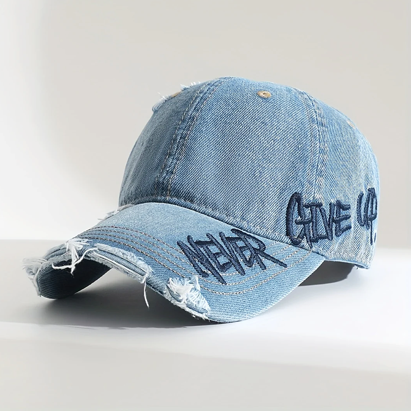 Sterling Distressed Denim Cap™ With “Never Give Up” Stitching