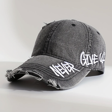 Sterling Distressed Denim Cap™ With “Never Give Up” Stitching