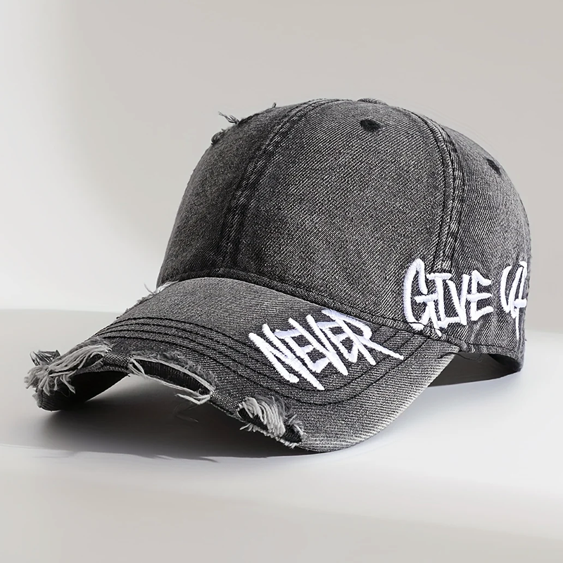 Sterling Distressed Denim Cap™ With “Never Give Up” Stitching