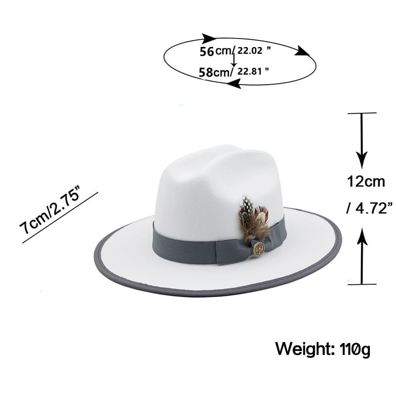 Sterling Feathers White™ Wool Fedora Hat Wool Brim Feather Accent