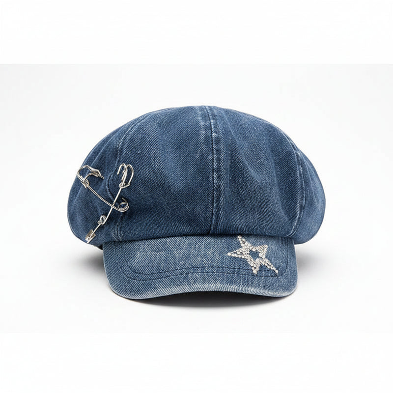 Sterling™ Star Pin Denim Look Beret Polyester Short Brim Newsboy Cap