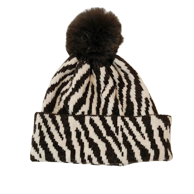 Sterling™ Zebra Stripe Pom Pom Beanie Thick Knit Ear Coverage