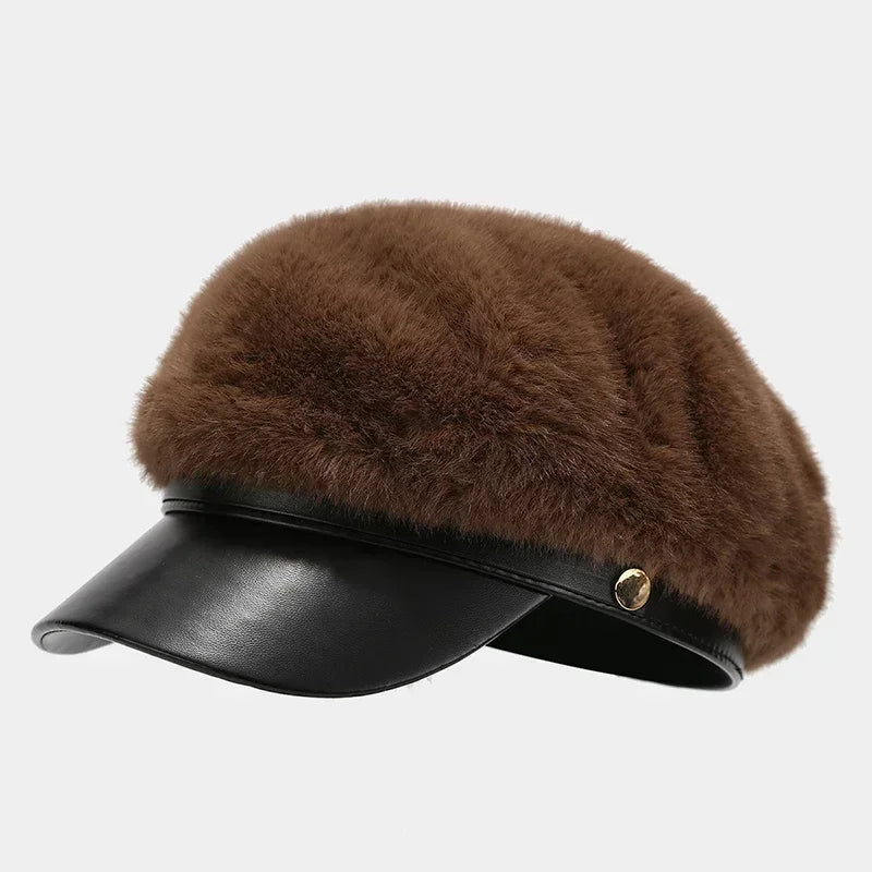 Sterling Vintage Mink Fur Beret Winter Cap™ Octagonal PU Brim