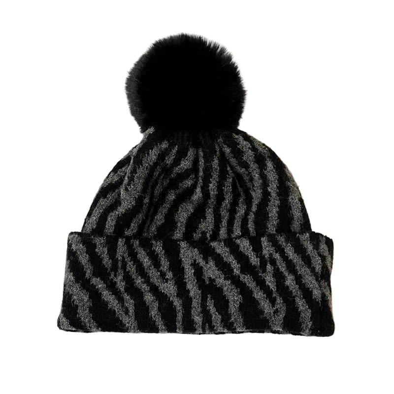 Sterling™ Zebra Stripe Pom Pom Beanie Thick Knit Ear Coverage