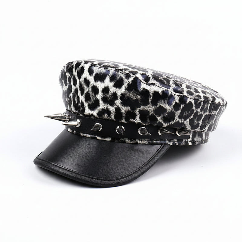 Sterling™ Nocturne Flat Top PU Leather Cap With Leopard Rivet Detail