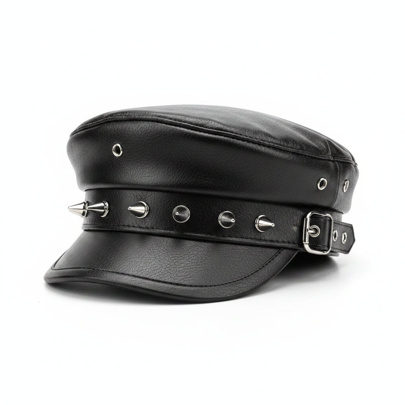 Sterling™ Nocturne Flat Top PU Leather Cap With Leopard Rivet Detail