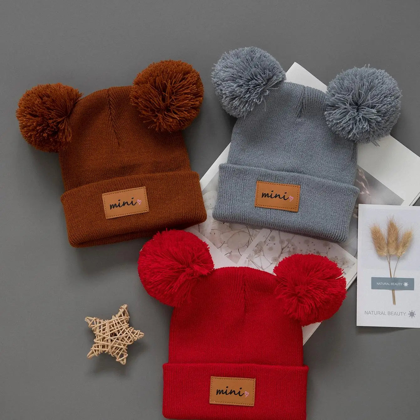 Sterling Nivali Kids Knit Beanie Set With Double Pompoms