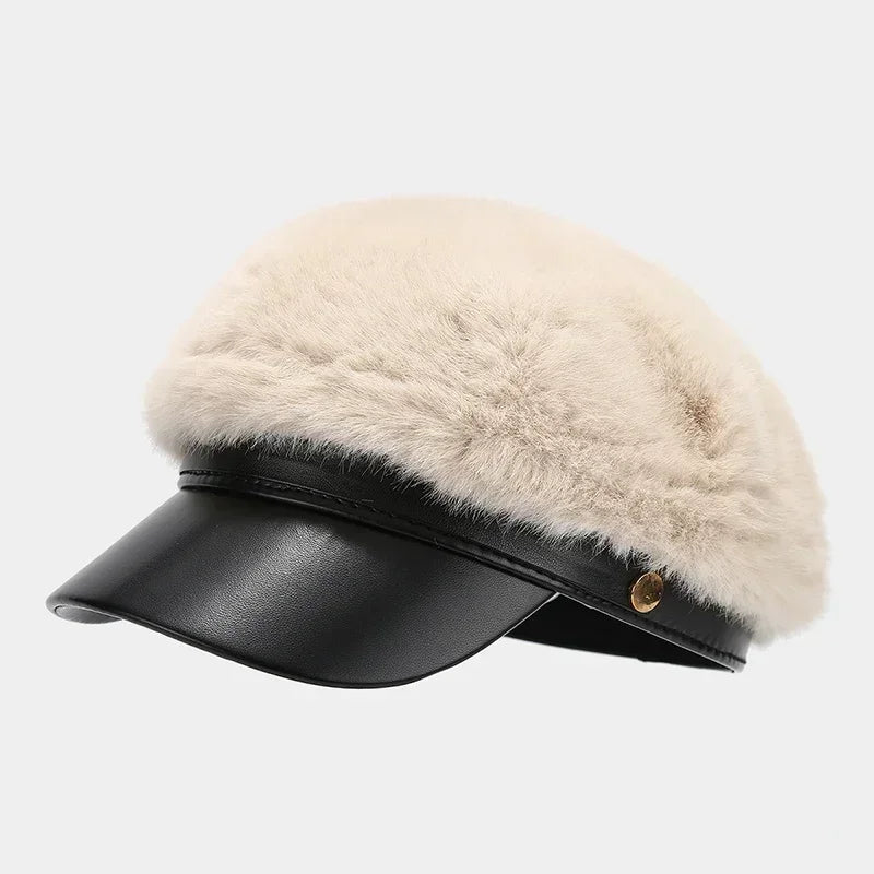 Sterling Vintage Mink Fur Beret Winter Cap™ Octagonal PU Brim