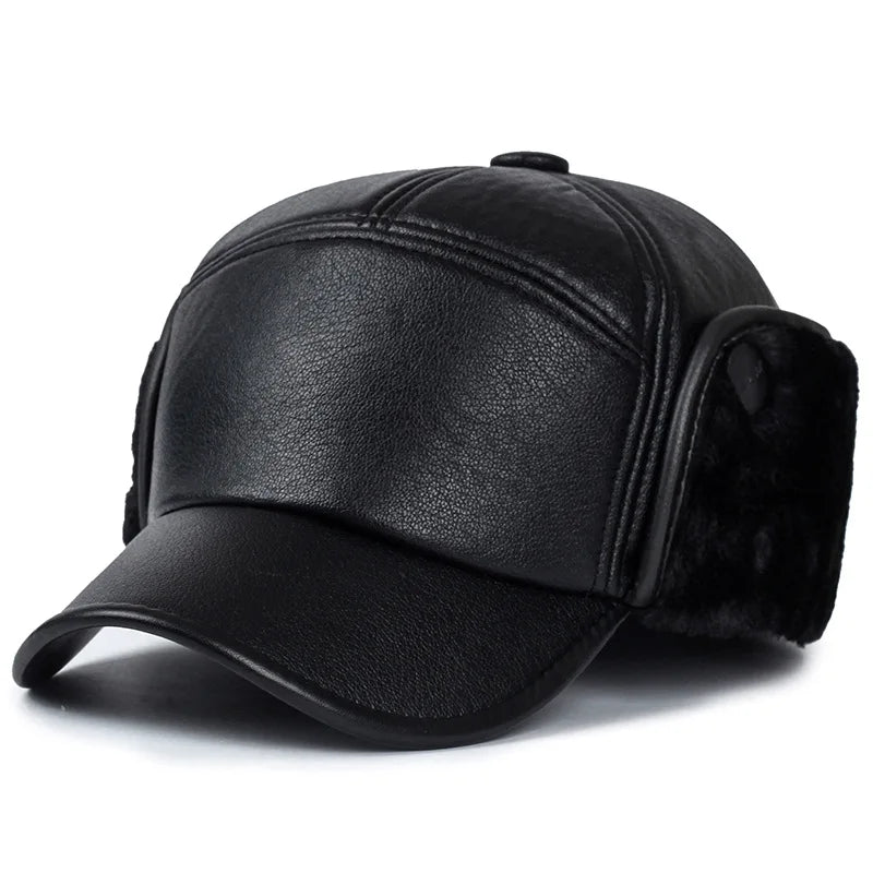 Sterling Black Leather Fur™ Baseball Cap Faux Fur Earflaps