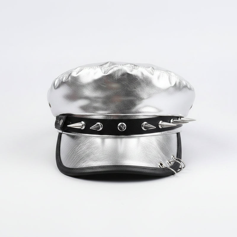 Sterling™ Nocturne Flat Top PU Leather Cap With Leopard Rivet Detail