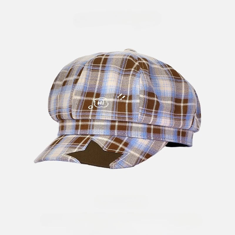 Sterling Octagonal Beret Hat Plaid Fabric Newsboy Cap™ Star Patch