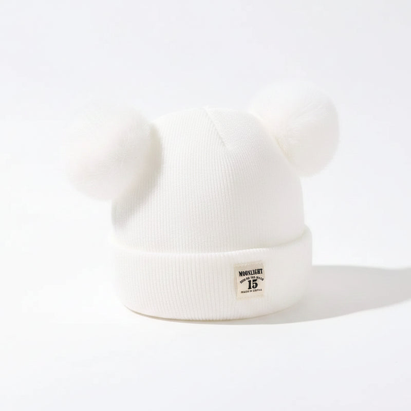 Sterling TeddyPuff Baby Knit Beanie™ Double Pom Bear Detail