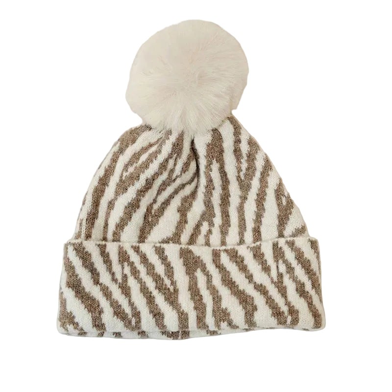 Sterling™ Zebra Stripe Pom Pom Beanie Thick Knit Ear Coverage