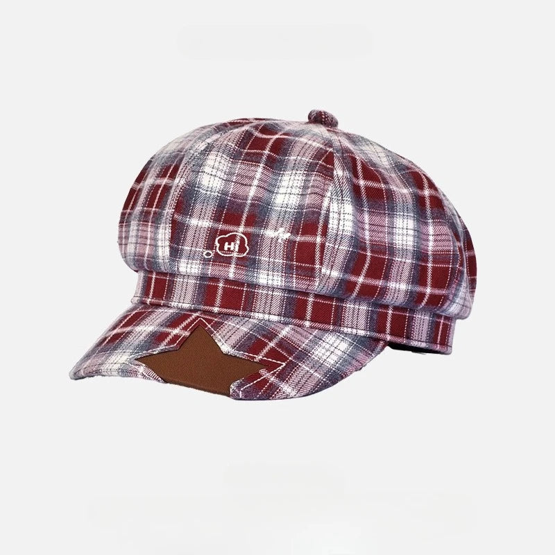 Sterling Octagonal Beret Hat Plaid Fabric Newsboy Cap™ Star Patch