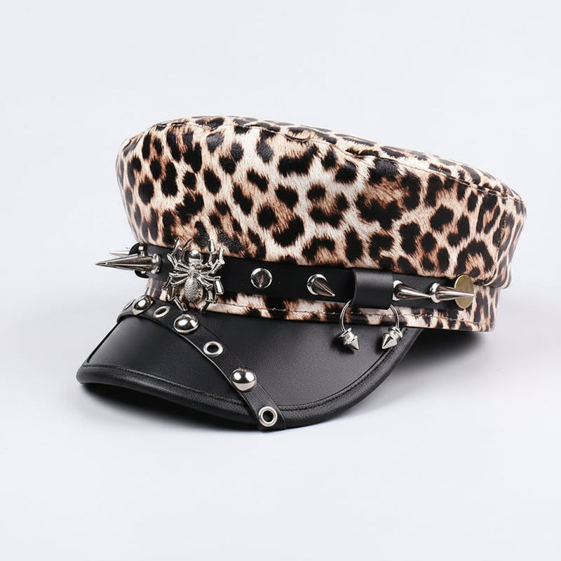 Sterling™ Nocturne Flat Top PU Leather Cap With Leopard Rivet Detail