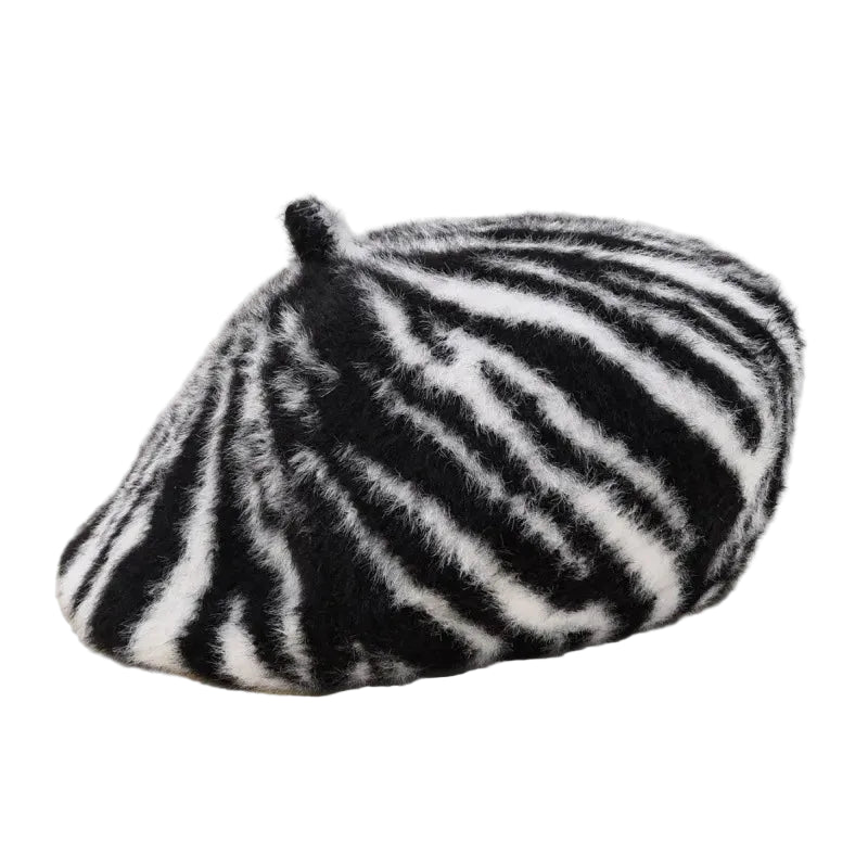 Sterling™ Zebra Beret Soft Faux Fur Round Cap With Zebra Stripe Pattern