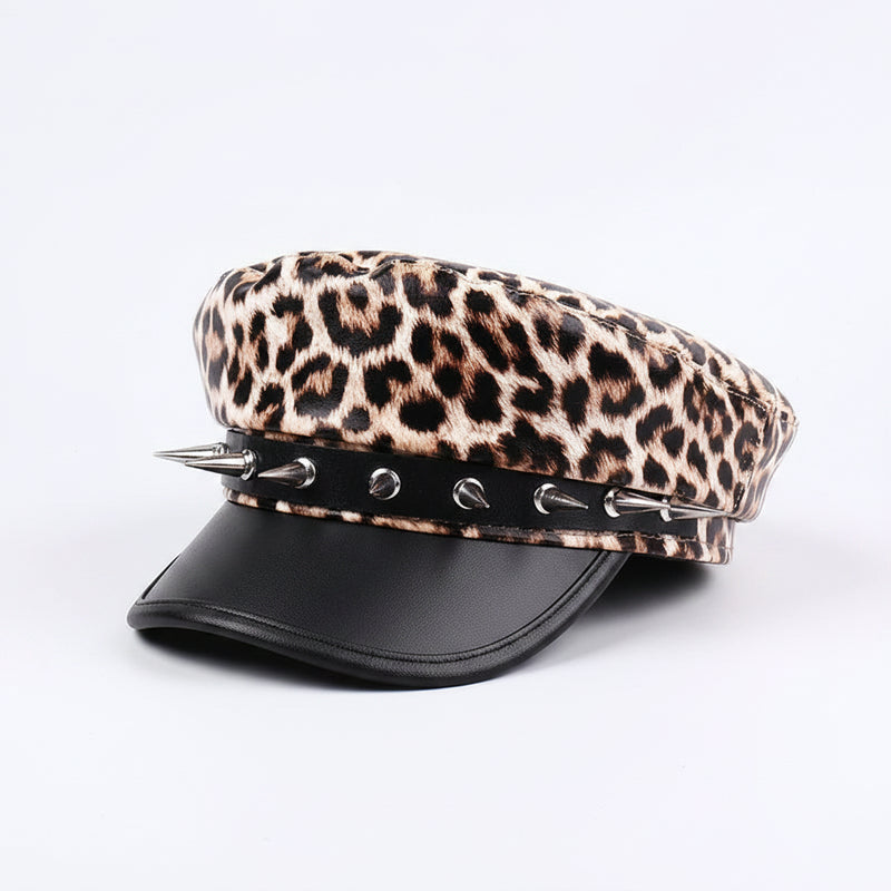 Sterling™ Nocturne Flat Top PU Leather Cap With Leopard Rivet Detail