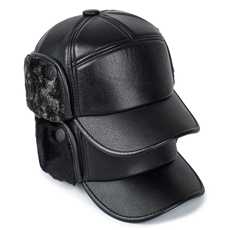 Sterling Black Leather Fur™ Baseball Cap Faux Fur Earflaps