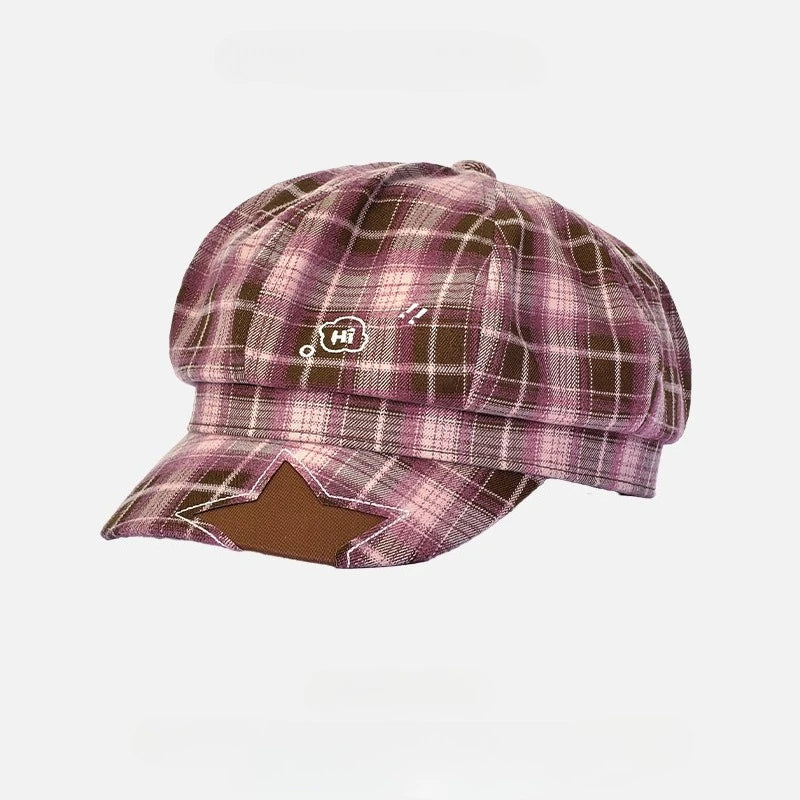 Sterling Octagonal Beret Hat Plaid Fabric Newsboy Cap™ Star Patch