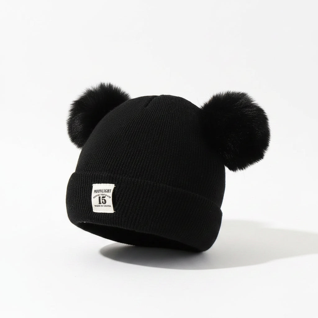 Sterling TeddyPuff Baby Knit Beanie™ Double Pom Bear Detail