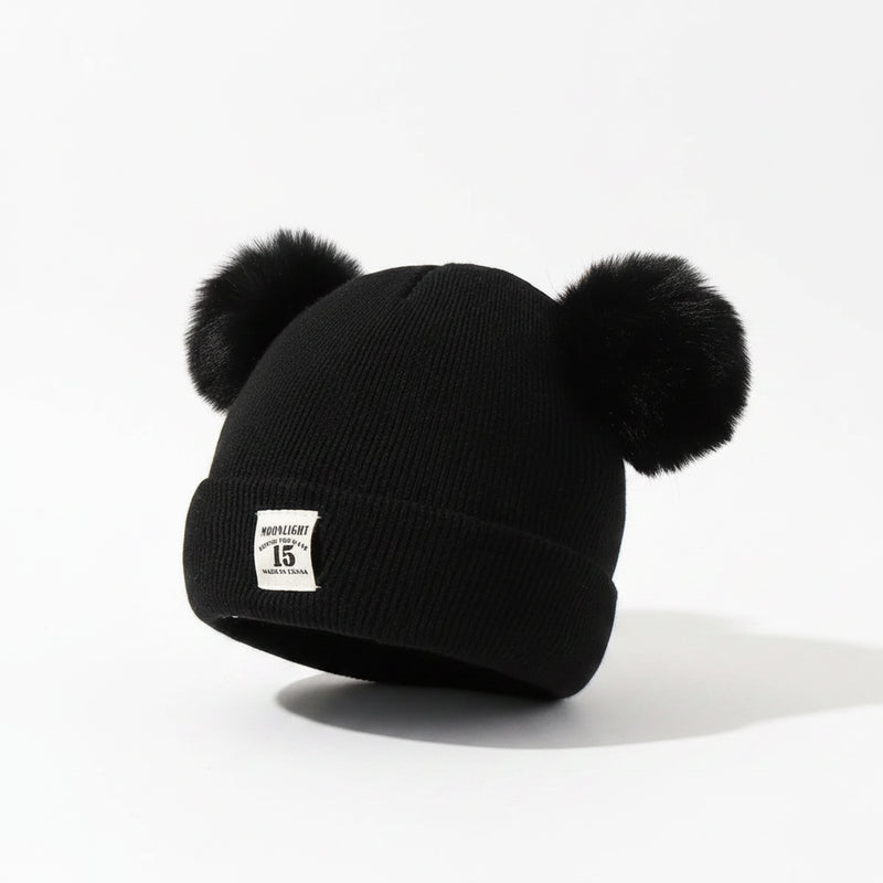 Sterling TeddyPuff Baby Knit Beanie™ Double Pom Bear Detail