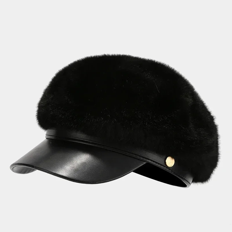 Sterling Vintage Mink Fur Beret Winter Cap™ Octagonal PU Brim