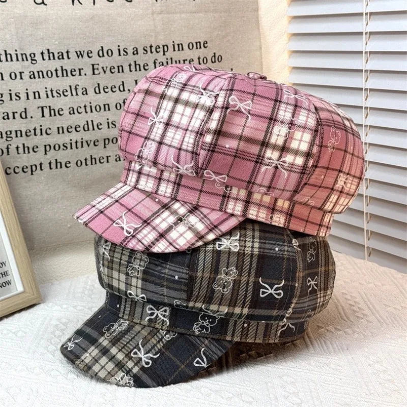Sterling Korean Sweet Cool Octagonal Pink™ Plaid Beret Bow Print