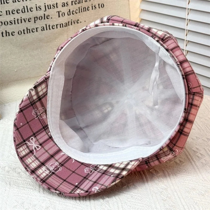 Sterling Korean Sweet Cool Octagonal Pink™ Plaid Beret Bow Print