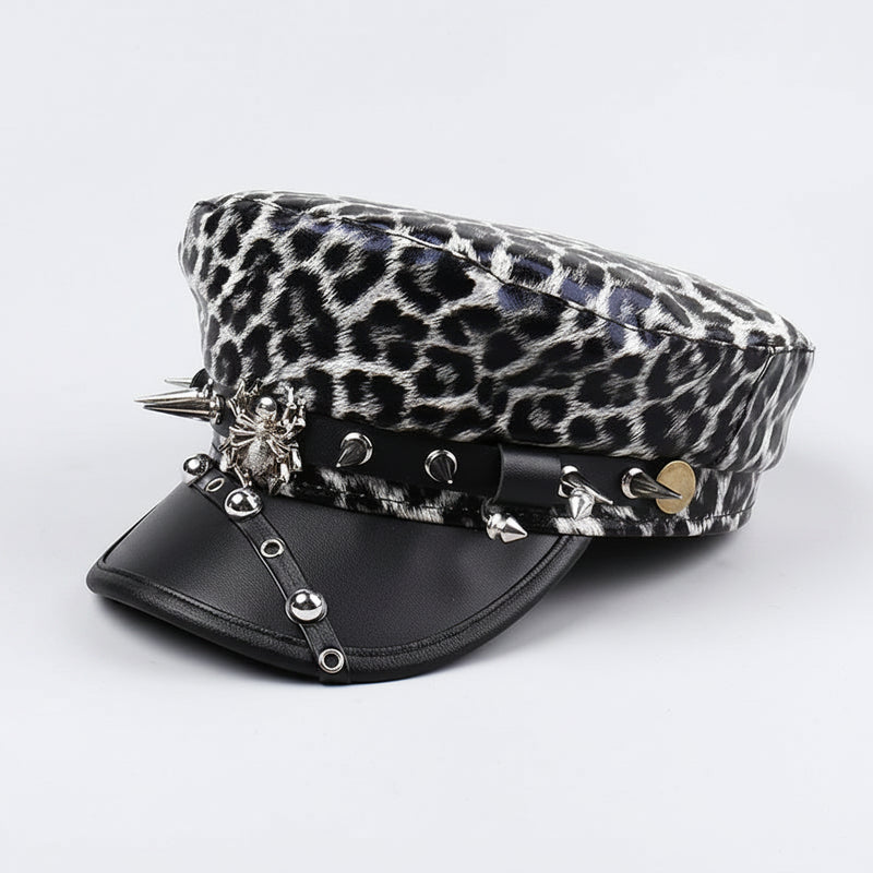 Sterling™ Nocturne Flat Top PU Leather Cap With Leopard Rivet Detail