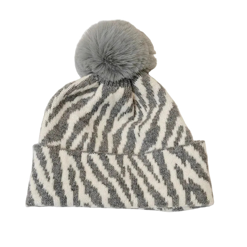 Sterling™ Zebra Stripe Pom Pom Beanie Thick Knit Ear Coverage