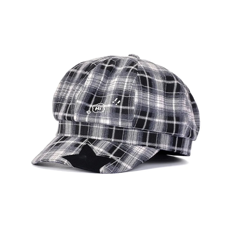 Sterling Octagonal Beret Hat Plaid Fabric Newsboy Cap™ Star Patch