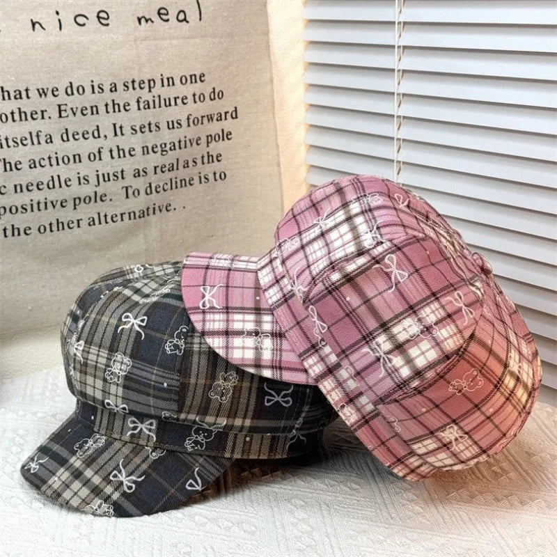 Sterling Korean Sweet Cool Octagonal Pink™ Plaid Beret Bow Print