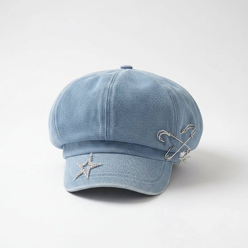 Sterling™ Star Pin Denim Look Beret Polyester Short Brim Newsboy Cap