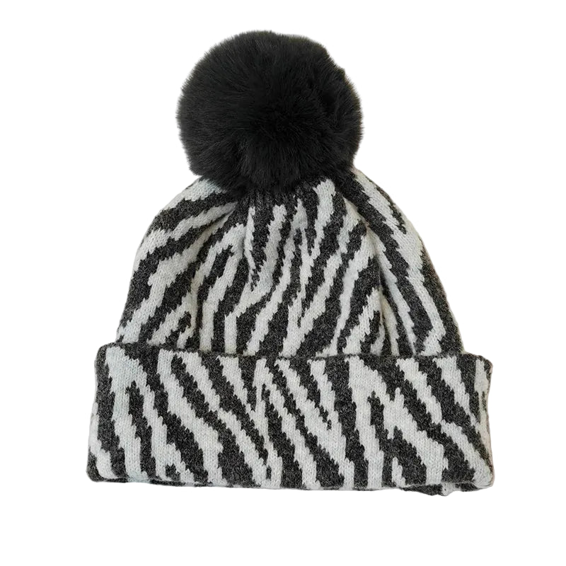 Sterling™ Zebra Stripe Pom Pom Beanie Thick Knit Ear Coverage
