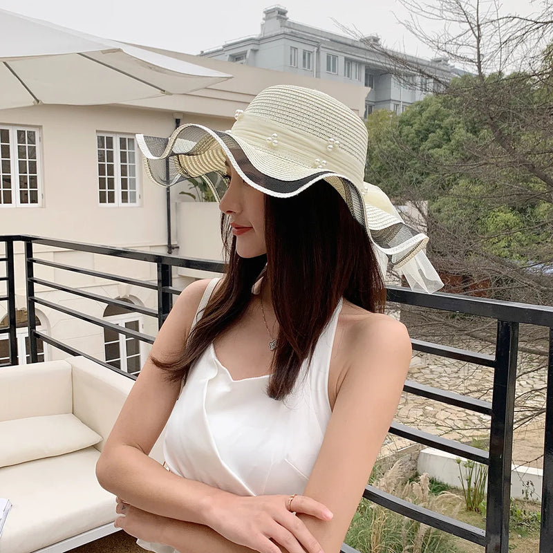 Sterling Straw Hat With Wavy Brim™ And Pearl Details