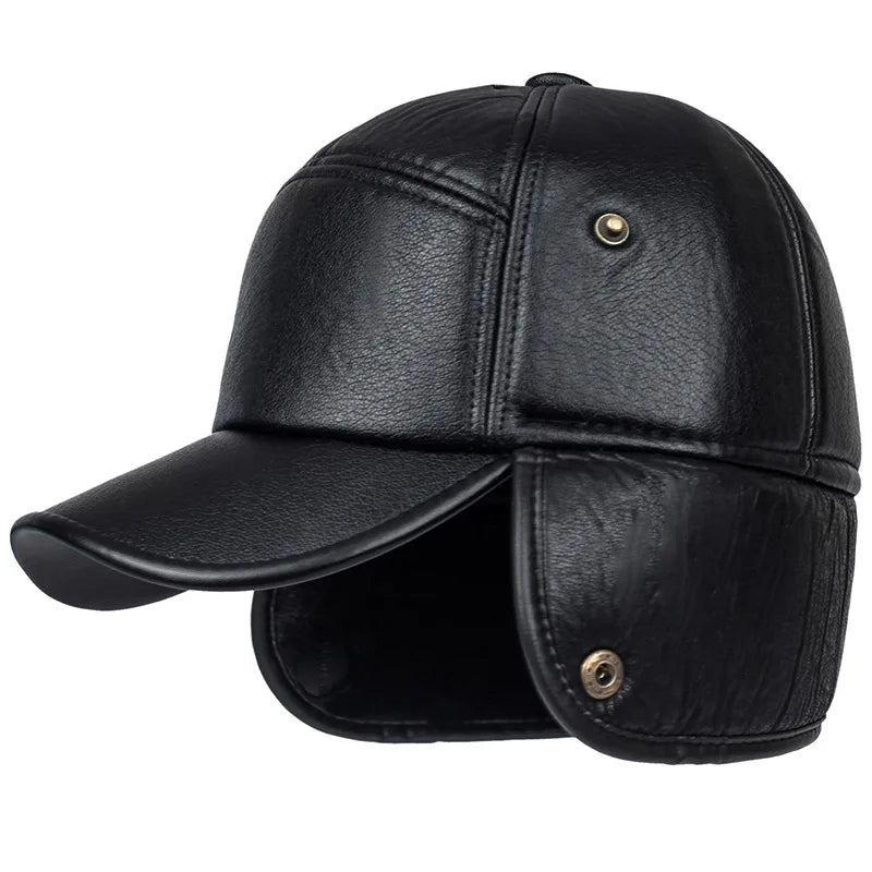 Sterling Black Leather Fur™ Baseball Cap Faux Fur Earflaps