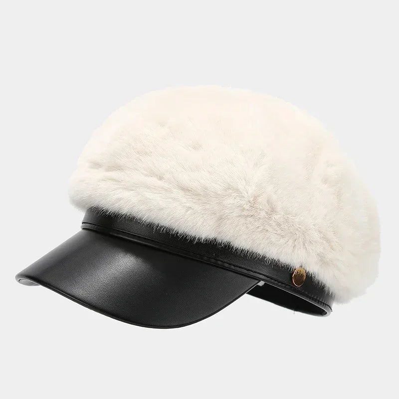 Sterling Vintage Mink Fur Beret Winter Cap™ Octagonal PU Brim