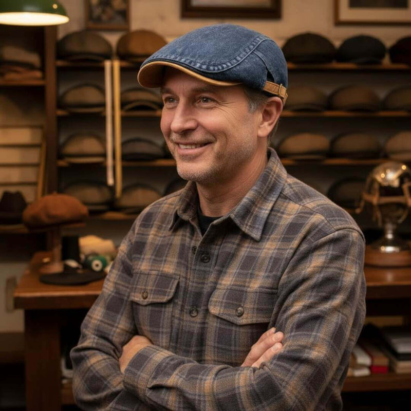 Sterling Denim Flat Cap™ Low Crown Denim Tan Buckle Strap
