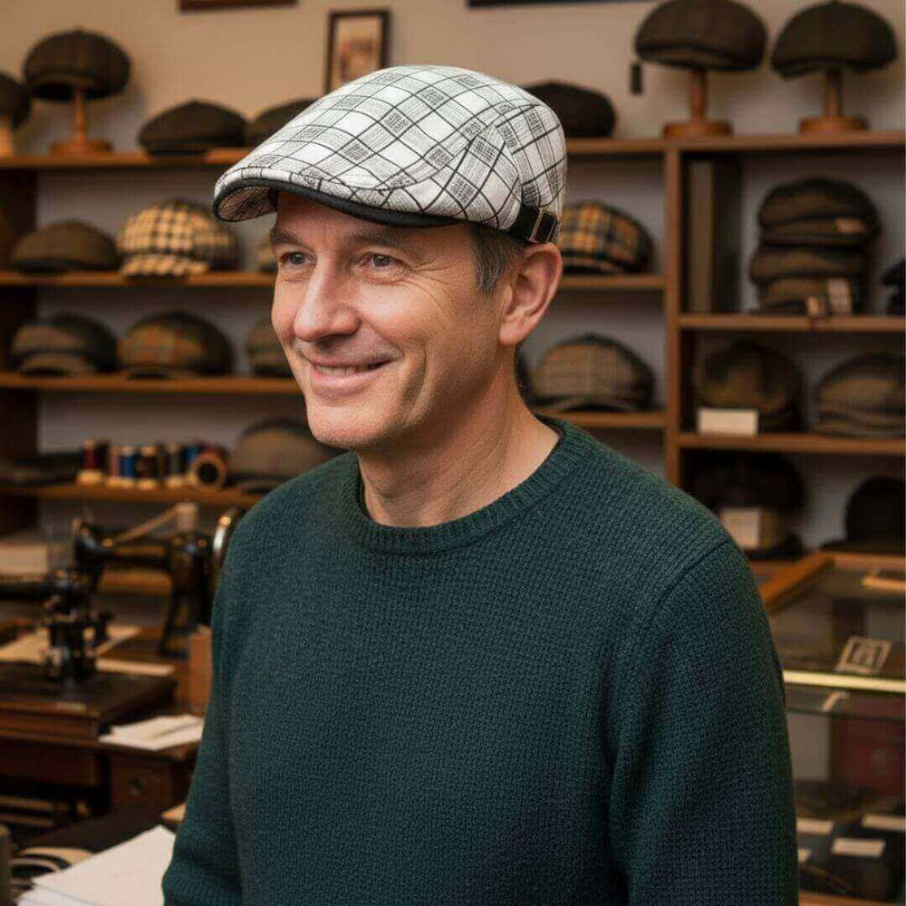 Sterling Linen-Cotton Plaid Flat Cap™ Ivy Linen Blend Check