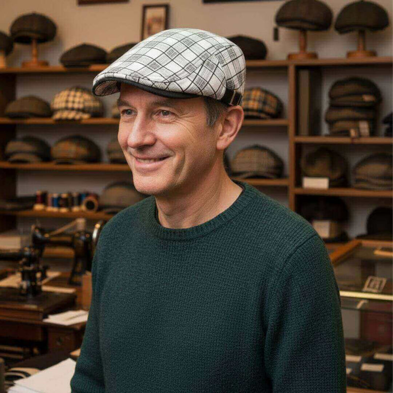 Sterling Linen-Cotton Plaid Flat Cap™ Ivy Linen Blend Check