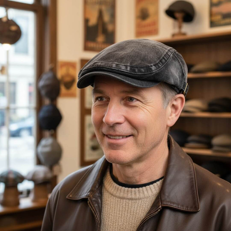 Sterling Washed Denim Flat Cap™ Low Crown Denim Side Mesh