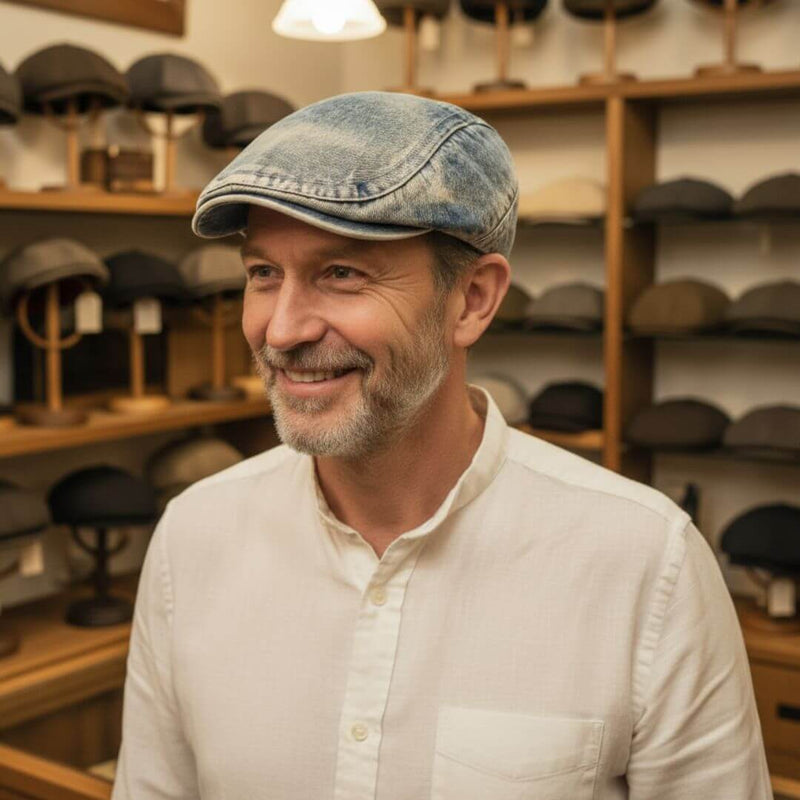Sterling Washed Denim Flat Cap™ Low Crown Denim Panel Stitch