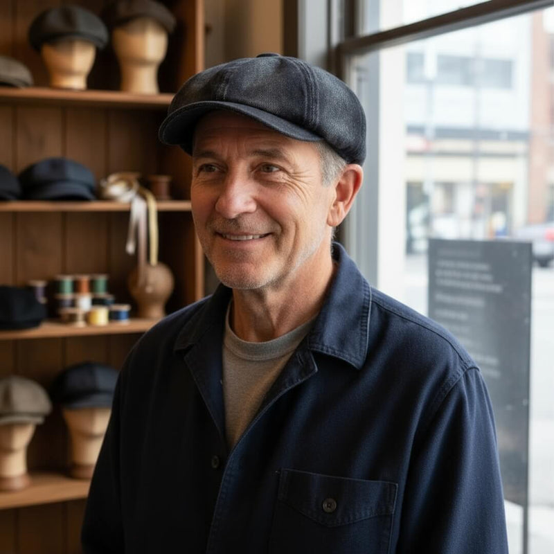 Sterling Denim Newsboy Cap™ Rounded Denim Crown Top Button