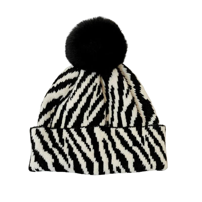 Sterling™ Zebra Stripe Pom Pom Beanie Thick Knit Ear Coverage