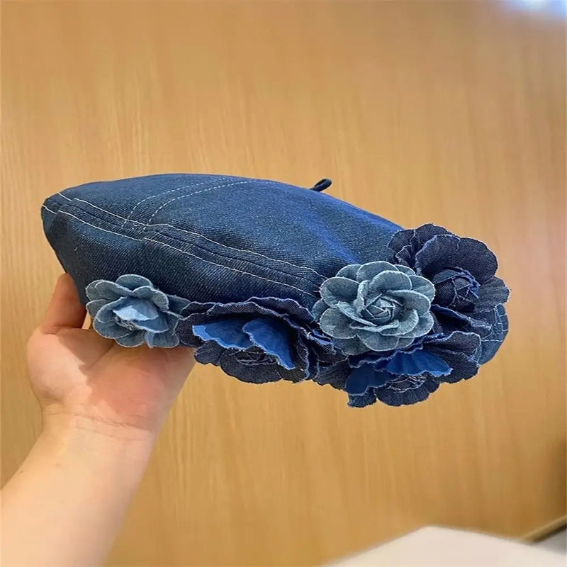 Sterling Camellia Denim Beret™ With Contrast Flower