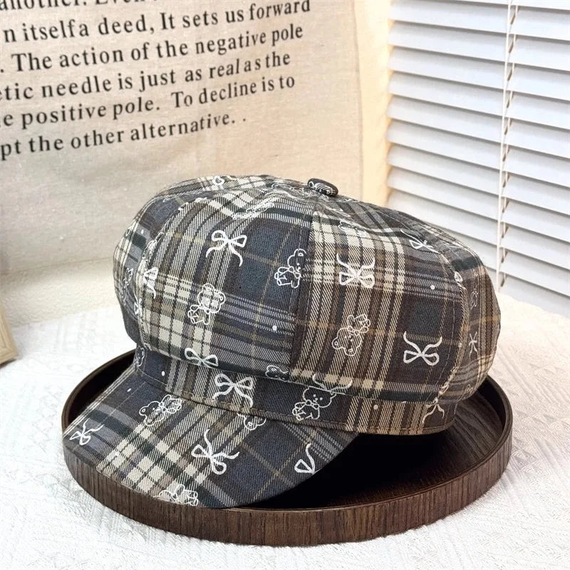 Sterling Korean Sweet Cool Octagonal Pink™ Plaid Beret Bow Print