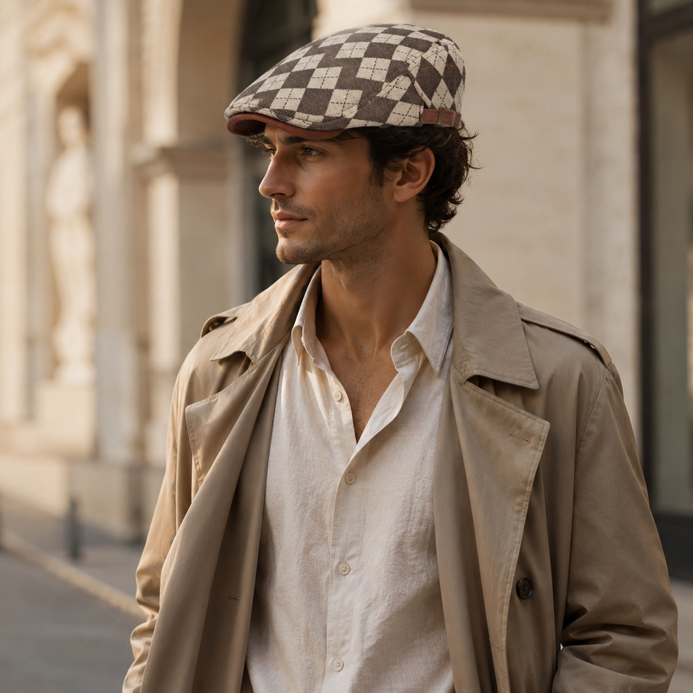 Sterling Larson Checker Cap™ Cotton Blend Flat Cap Leather Trim  Product De